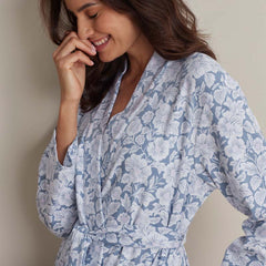 Printed Pima Cotton Women's Kimono Robe - Blue Garden, XXL