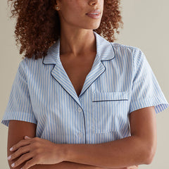 Printed Poplin Women's Shorts Set - Blue Stripe, L