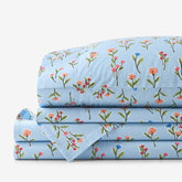 Blossoms and Stripes Classic Cool Cotton Percale Bed Sheet Set - Garden Poppies, Queen