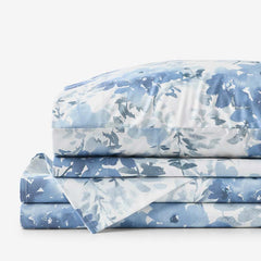 Floral Grove Premium Smooth Wrinkle-Free Sateen Bed Sheet Set - Dusty Blue, Queen