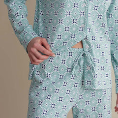 Printed Peruvian Cotton Women's Button-Down Pajama Set - Cool Daisy, L