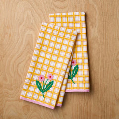 Floral Plaid Kitchen Towel Sets - Yellow, Set of 2