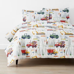 Construction Trucks Classic Cool Organic Cotton Percale Comforter Set - White , Full/Queen