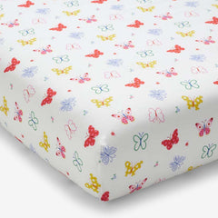 Ditsy Butterflies Classic Cool Organic Cotton Percale Fitted Crib Sheet - White Multi