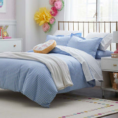 Gingham Classic Cool Organic Cotton Percale Bed Sheet Set - Light Blue, Queen