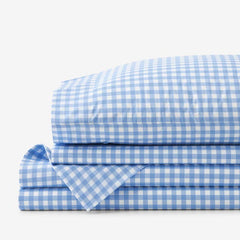 Gingham Classic Cool Organic Cotton Percale Bed Sheet Set - Light Blue, Queen
