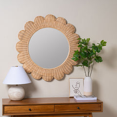 Round Scalloped Rattan Wall Mirror - Natural