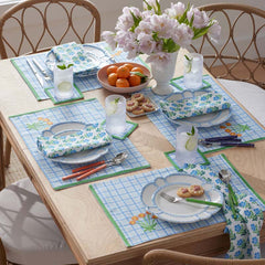 Floral Plaid Reversible Cocktail Napkins, Set of 4 - Blue