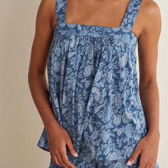 Printed Voile Women's Babydoll Shorts Set - Indigo Floral, XL