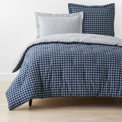 Classic Stripes and Plaids Cool Yarn-Dyed Cotton Percale Reversible Comforter - Windowpane White/Navy, King/Cal King