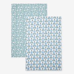 Mix & Match Printed Cotton Tea Towels, Set of 2 - Teal Blue