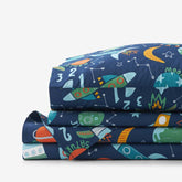 Planets and Rockets Classic Cool Organic Cotton Percale Bed Sheet Set - Navy Multi, Twin XL