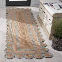 Scallop Border Handwoven Jute Rug - Light Blue, 2' 3" x 8' Runner