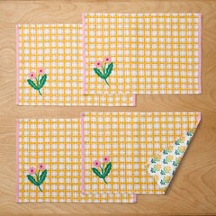 Floral Plaid Reversible Placemats, Set of 4 - Yellow