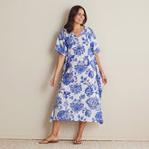 Printed Voile Women's Caftan Dress - Watercolor Floral Deep Blue, XS/S