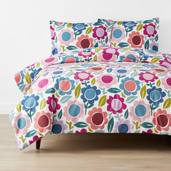 Joyful Flower Classic Cool Organic Cotton Percale Duvet Cover Set - White Multi, Twin/Twin XL