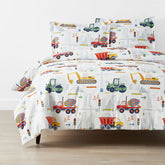 Construction Trucks Classic Cool Organic Cotton Percale Duvet Cover Set - White , Full