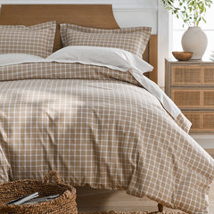 Classic Stripes and Plaids Cool Yarn-Dyed Cotton Percale Bed Sheet Set - Windowpane Taupe, Twin XL