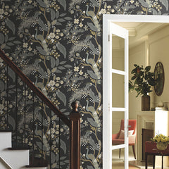Peacock Traditional Wallpaper - Black, Roll