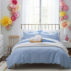 Gingham Classic Cool Organic Cotton Percale Bed Sheet Set - Light Blue, Full