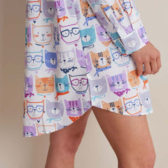 Printed Poplin Women's Nightshirt - Stylish Cats, S
