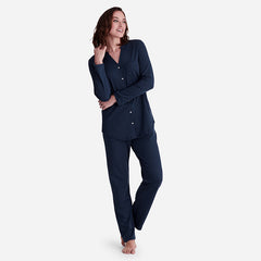 Pima Cotton Women's Button-Down Pajama Set - Navy, M