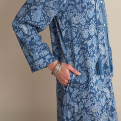 Printed Voile Women's Caftan - Indigo Floral, L