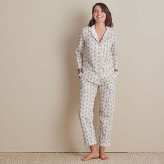 Printed Poplin Women's Long Sleeve Button-Down Pajama Set - Cottage Stripe, XS