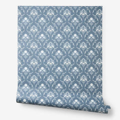Floral Medallion Traditional Wallpaper - Blue, Swatch