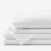 Eyelet Classic Cool Cotton Percale Solid Bed Sheet Set - White, Full