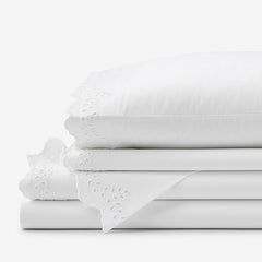 Eyelet Classic Cool Cotton Percale Solid Bed Sheet Set - White, Full