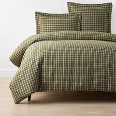 Classic Stripes and Plaids Cool Yarn-Dyed Cotton Percale Duvet Cover - Windowpane Green, Full