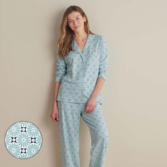 Printed Peruvian Cotton Women's Button-Down Pajama Set - Cool Daisy, M