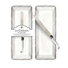 Rustica Antique White Melamine Baguette Tray with Laguiole Bread Knife - White