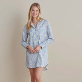 Printed Poplin Women's Nightshirt - Blue Palm, XL