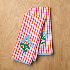 Floral Plaid Kitchen Towel Sets - Red, Set of 2