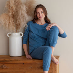 Pima Cotton Women's Jogger Pants Pajama Set - Blue Denim, XXL