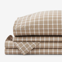 Classic Stripes and Plaids Cool Yarn-Dyed Cotton Percale Bed Sheet Set - Windowpane Taupe, Twin