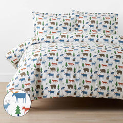Forest Friends Classic Cool Organic Cotton Percale Duvet Cover Set - White Multi, Full/Queen
