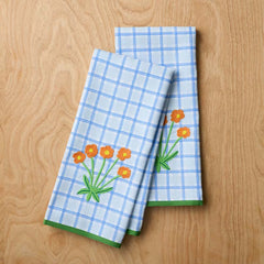 Floral Plaid Kitchen Towel Sets - Blue, Set of 2