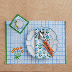 Floral Plaid Reversible Cocktail Napkins, Set of 4 - Blue