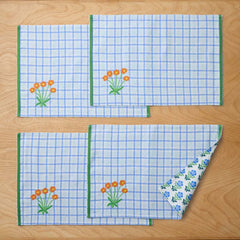 Floral Plaid Reversible Placemats, Set of 4 - Blue