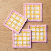 Floral Plaid Reversible Cocktail Napkins, Set of 4 - Yellow