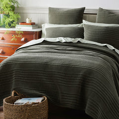 Line Stitch Velvet Quilt - Olive, King/Cal. King