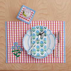 Floral Plaid Reversible Cocktail Napkins, Set of 4 - Red