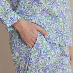 Printed Poplin Women's Button-Down Pajama Set - Blue Palm, M