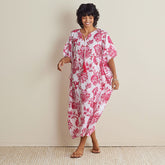 Printed Voile Women's Caftan Dress - Watercolor Floral Deep Pink, XL/XXL
