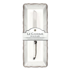 Rustica Antique White Melamine Baguette Tray with Laguiole Bread Knife - White