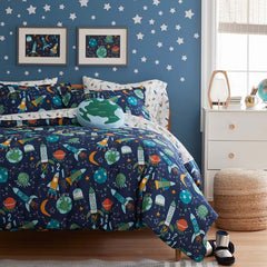 Planets and Rockets Classic Cool Organic Cotton Percale Duvet Cover Set - Navy Multi, Twin/Twin XL