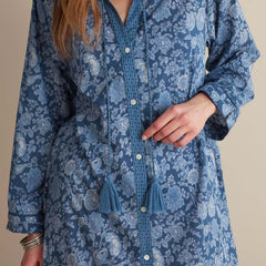 Printed Voile Women's Caftan - Indigo Floral, M